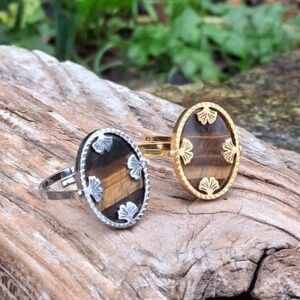 bague réglable en Acier inoxydable en Oeil de tigre doré ou argenté