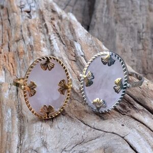 bague en quartz rose et acier inoxydable