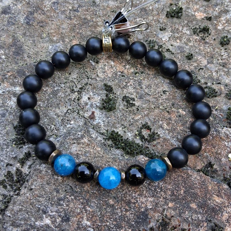 Bracelet en Agate noire et Apatite de 8 mm - métal bronze