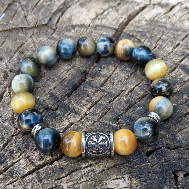 Bracelet Oeil de tigre miel bleu avec perle celtique
