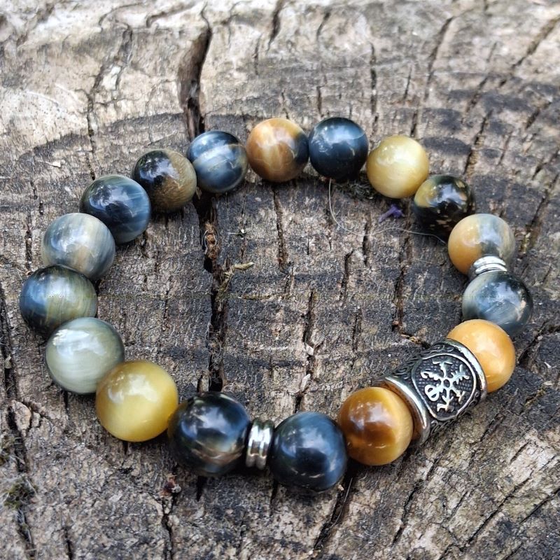 Bracelet Oeil de tigre miel bleu avec perle celtique – Image 4