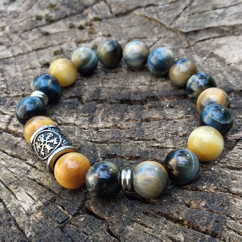 Bracelet Oeil de tigre miel bleu avec perle celtique – Image 2