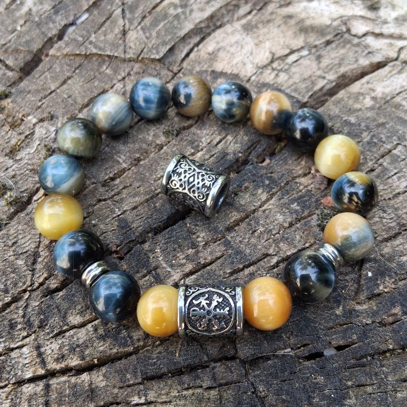 Bracelet Oeil de tigre miel bleu avec perle celtique – Image 3