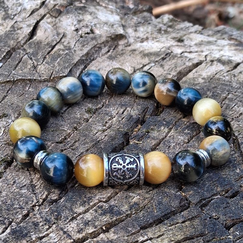 Bracelet Oeil de tigre miel bleu avec perle celtique – Image 5